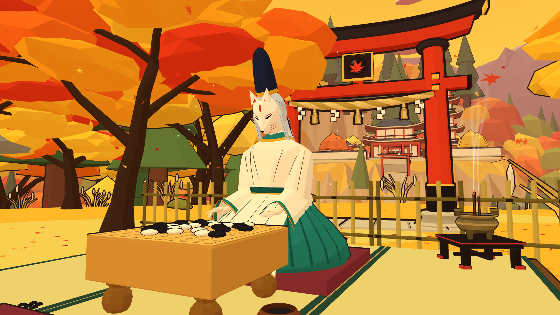 Lord Tsukikage, in a fox mask, at a Go board under red maples, a vermilion torii behind him